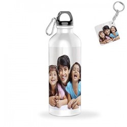 K1Gifts Aluminium Your Photo Personalised Printed Sports Sipper/Water Bottle with Photo and Name Customised (White, 600ML) With Wooden Keychain (Pack of 1)